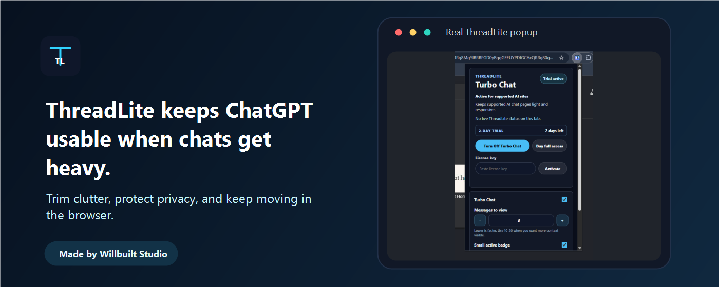 ThreadLite Turbo Chat product card showing the real extension popup